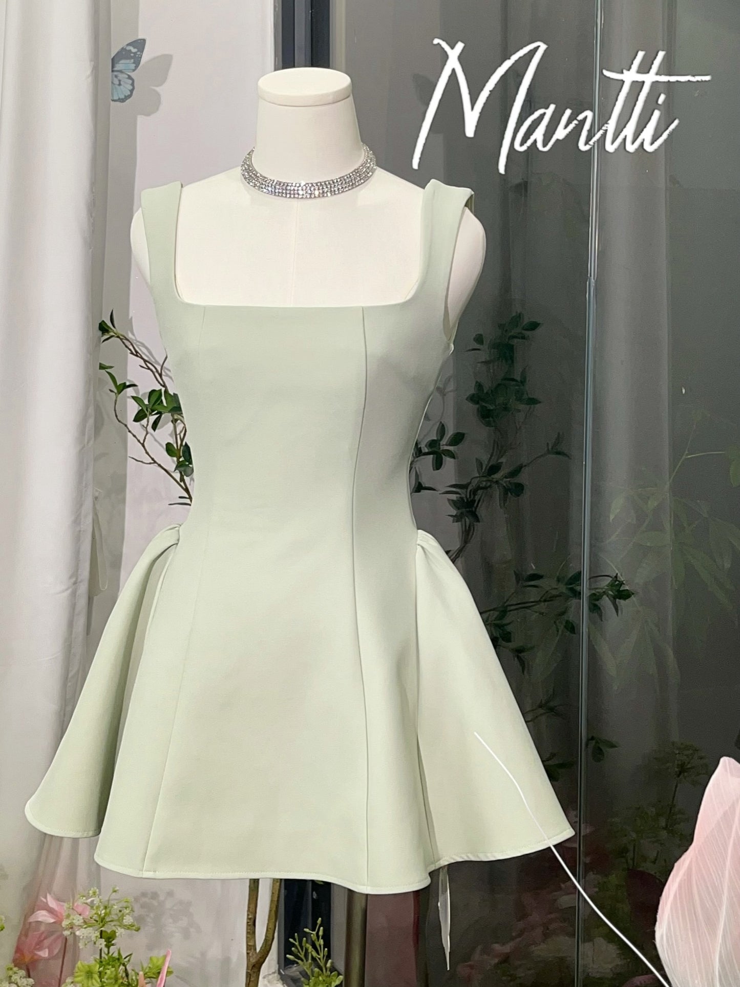 Sage Green Square Neck Waist-Cinched A-Line Dress