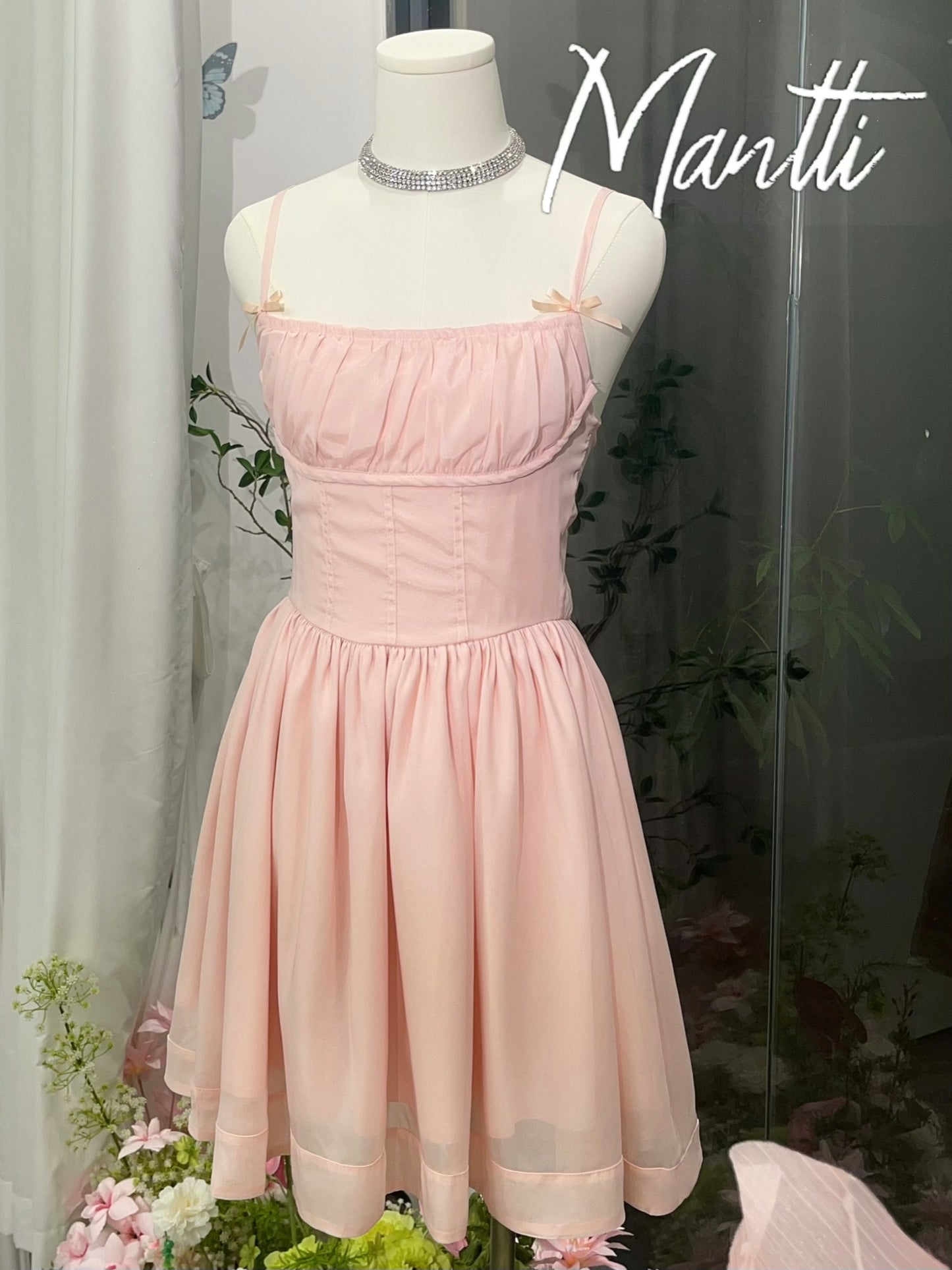 Light Pink Regency-Inspired Cami Waist-Cinched A-Line Dress